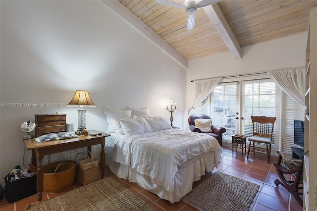 bedroom featuring vaulted ceiling with beams, dark tile patterned flooring, ceiling fan, and wooden ceiling