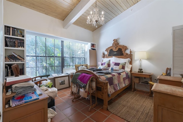 bedroom featuring wood ceiling, a chandelier, lofted ceiling with beams, and dark tile patterned flooring