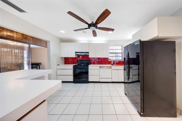 kitchen featuring white cabinetry, sink, ceiling fan, backsplash, and black appliances