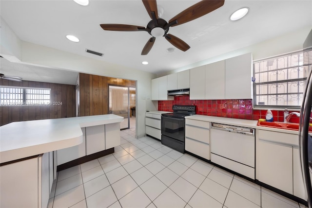 kitchen with decorative backsplash, ceiling fan, electric range, dishwasher, and white cabinetry