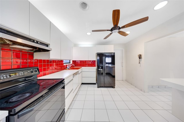 kitchen with black appliances, ventilation hood, ceiling fan, tasteful backsplash, and white cabinetry