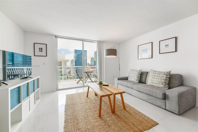 living room with a textured ceiling