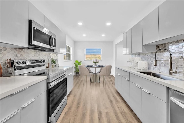 kitchen featuring backsplash, light hardwood / wood-style floors, sink, and stainless steel appliances