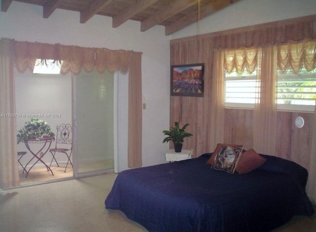 bedroom with carpet floors, vaulted ceiling with beams, wooden ceiling, and wooden walls