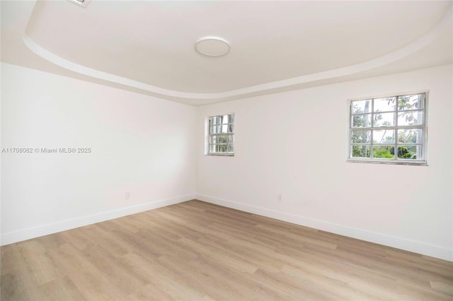 empty room featuring a raised ceiling and light hardwood / wood-style flooring