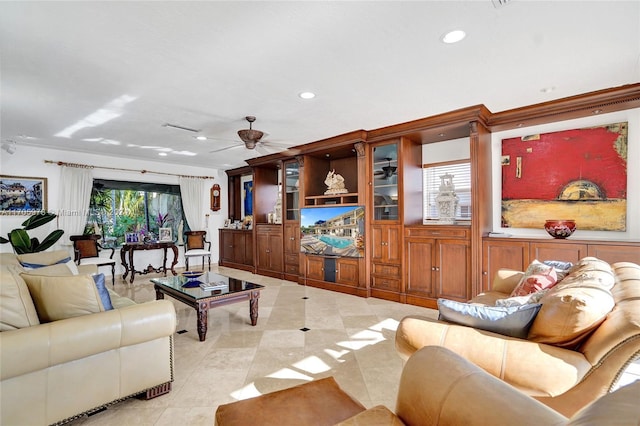 tiled living room featuring ceiling fan