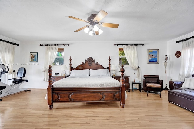 1960 NE 118th Rd, North Miami, FL 33181 - bedroom with multiple windows, light wood finished floors, ornamental molding, a ceiling fan, and a textured ceiling
