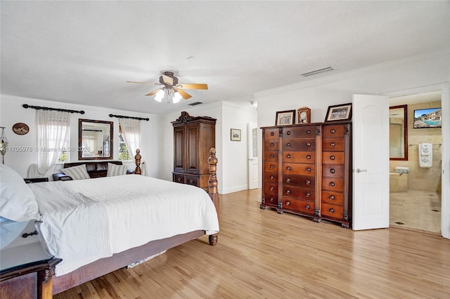 1960 NE 118th Rd, North Miami, FL 33181 - bedroom featuring ornamental molding, light wood finished floors, a ceiling fan, baseboards, and connected bathroom