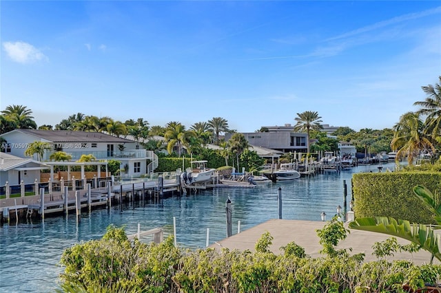 view of water feature with a dock