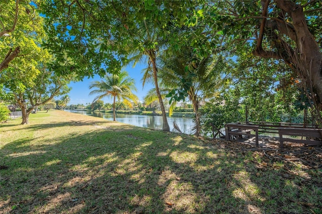 view of yard with a water view