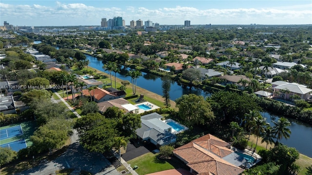 drone / aerial view featuring a water view