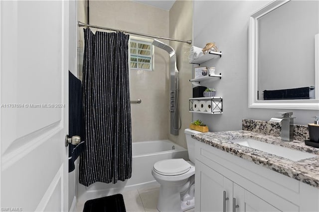 full bathroom featuring tile patterned floors, vanity, shower / bathtub combination with curtain, and toilet