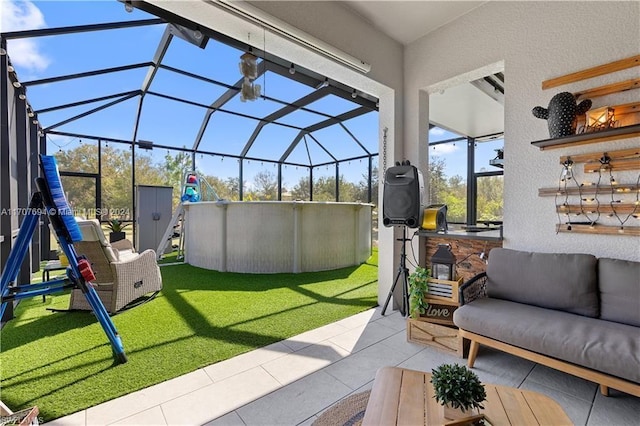 view of patio / terrace featuring glass enclosure, an outdoor hangout area, and a swimming pool