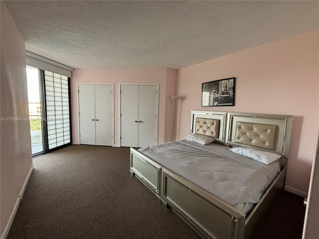 bedroom with dark colored carpet, two closets, a textured ceiling, and access to exterior