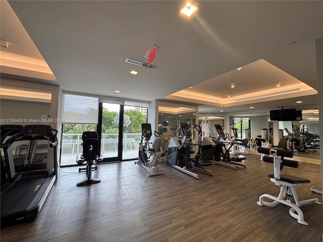 exercise room featuring a tray ceiling, a wall of windows, and dark hardwood / wood-style floors