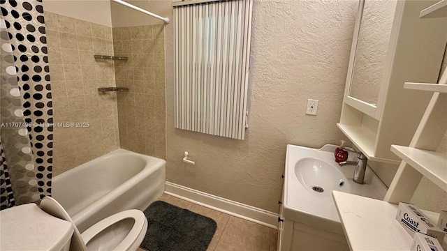 full bathroom with toilet, tiled shower / bath combo, tile patterned flooring, and vanity