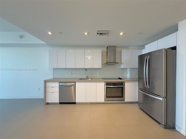 kitchen with sink, wall chimney range hood, decorative backsplash, white cabinets, and appliances with stainless steel finishes