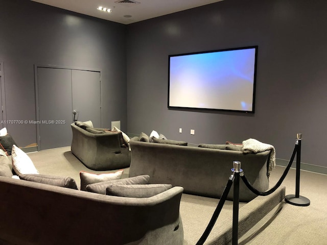 home theater with carpet floors