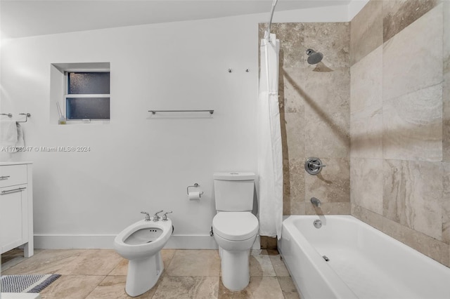 full bathroom with vanity, shower / tub combo with curtain, vaulted ceiling, a bidet, and toilet