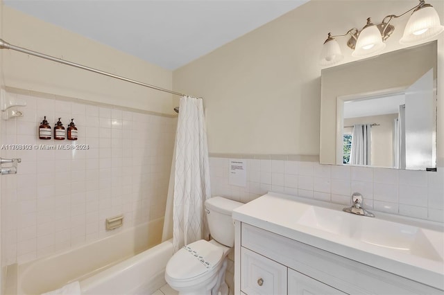 full bathroom with vanity, shower / bathtub combination with curtain, tile walls, and toilet