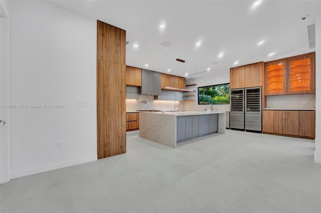 6401 SW 84th St, South Miami, FL 33143 - kitchen with modern cabinets, open shelves, backsplash, brown cabinets, and recessed lighting