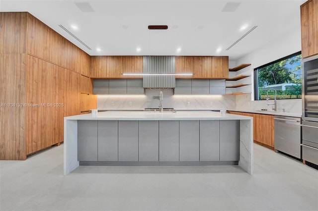 6401 SW 84th St, South Miami, FL 33143 - kitchen with modern cabinets, stainless steel dishwasher, open shelves, decorative backsplash, and recessed lighting