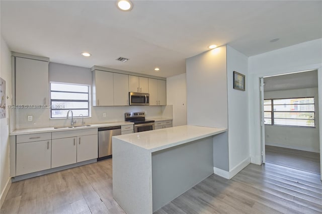 kitchen with sink, light wood-type flooring, stainless steel appliances, and a wealth of natural light