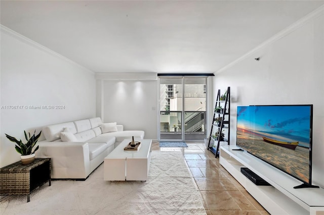 living room with floor to ceiling windows and crown molding