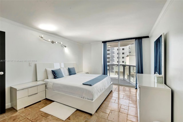 bedroom featuring floor to ceiling windows, ornamental molding, and access to outside