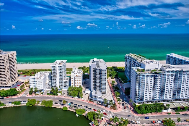 aerial view with a water view and a view of the beach