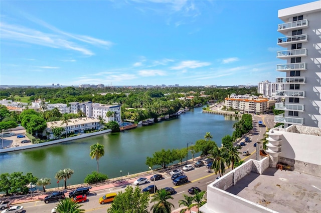 bird's eye view with a water view