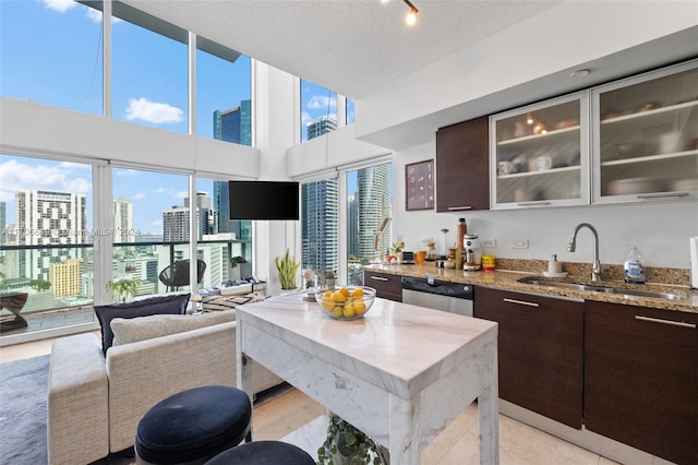 kitchen featuring a textured ceiling, sink, stainless steel dishwasher, and dark brown cabinets