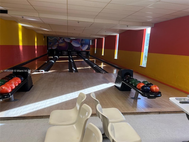 interior space featuring hardwood / wood-style floors, a bowling alley, and a drop ceiling