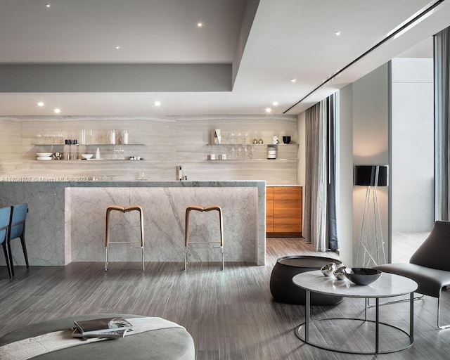 interior space with dark hardwood / wood-style flooring and light stone counters