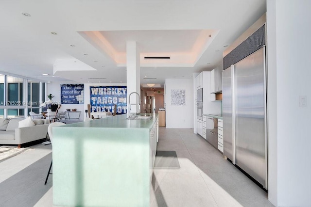 interior space with a tray ceiling and sink