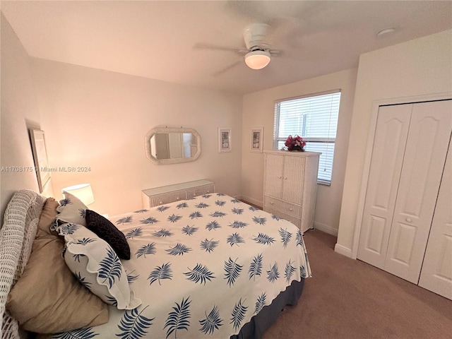 bedroom with carpet floors, a closet, and ceiling fan