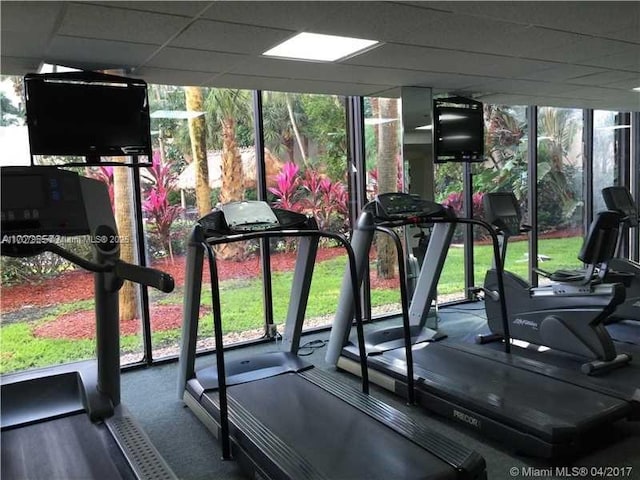 gym with a paneled ceiling and plenty of natural light