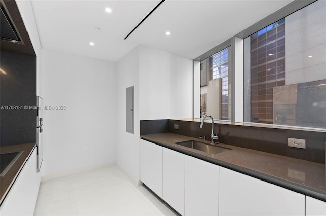 kitchen featuring sink, dark stone countertops, white cabinets, and electric panel