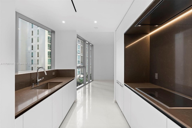 kitchen featuring white cabinetry, black electric stovetop, sink, and backsplash