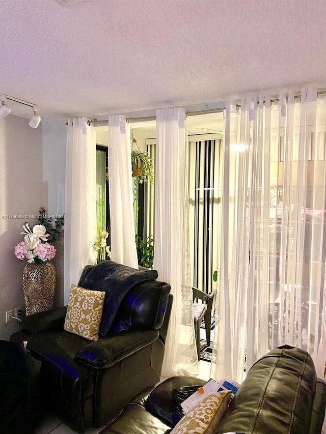 living room with rail lighting and a textured ceiling