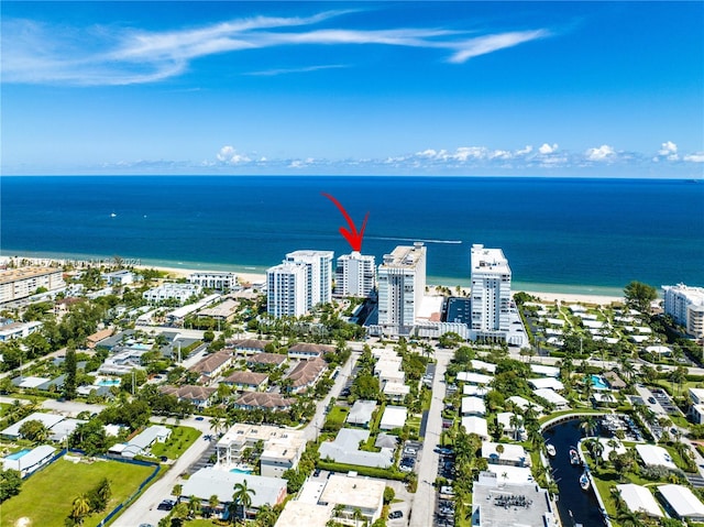 drone / aerial view featuring a water view