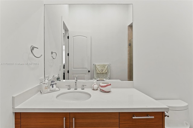 bathroom featuring vanity, toilet, and a shower with door