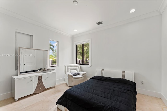 bedroom with light tile patterned floors and ornamental molding