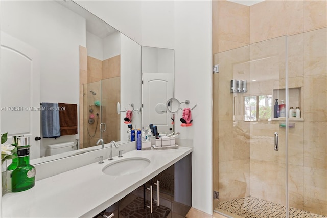 bathroom with toilet, vanity, and walk in shower