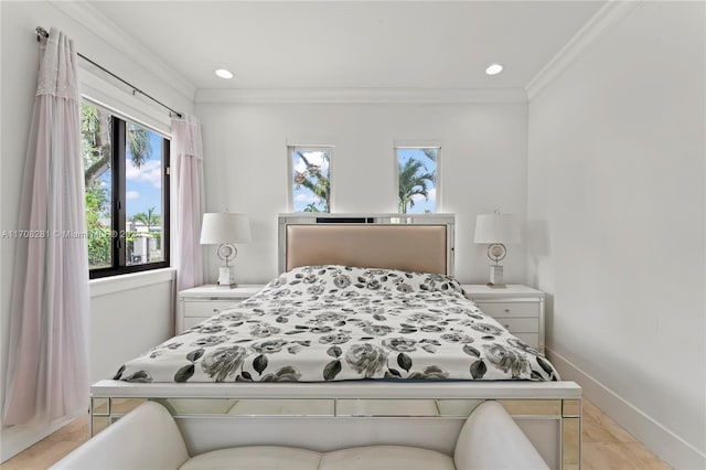 tiled bedroom featuring crown molding