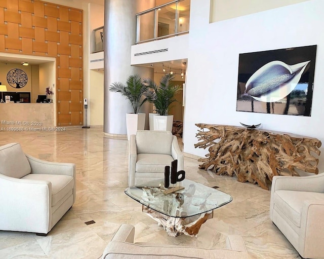 living room featuring a towering ceiling