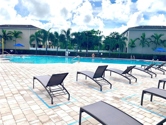 view of swimming pool featuring a patio