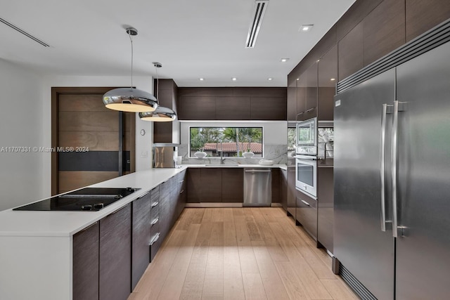 kitchen featuring dark brown cabinetry, stainless steel appliances, hanging light fixtures, and light hardwood / wood-style floors