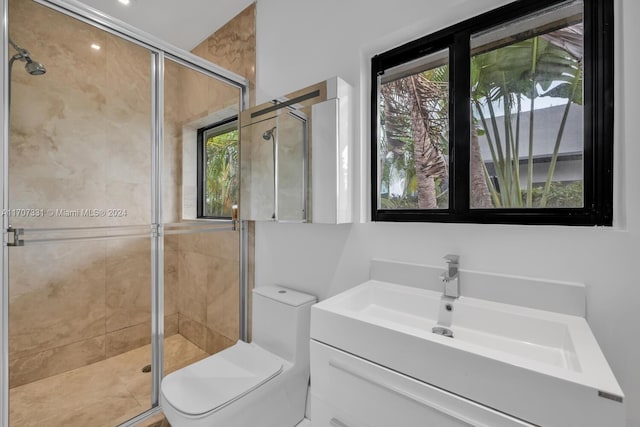 bathroom with a shower with door, vanity, a healthy amount of sunlight, and toilet