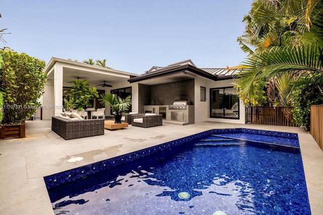 view of pool with ceiling fan, a patio area, an outdoor hangout area, grilling area, and area for grilling